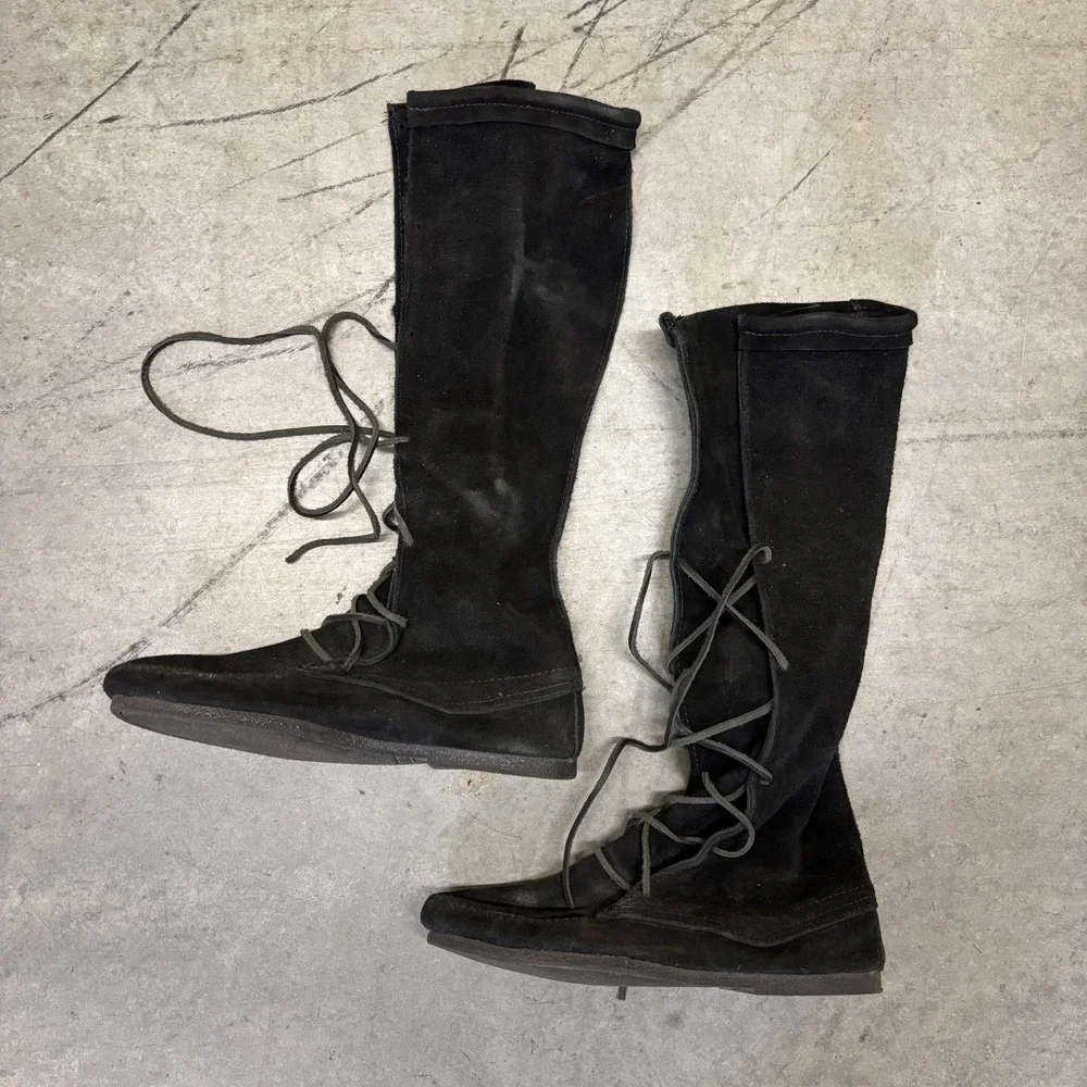 Minnetonka Front Lace Knee High Boots Men's 10 Black 1929 Renfaire Festival